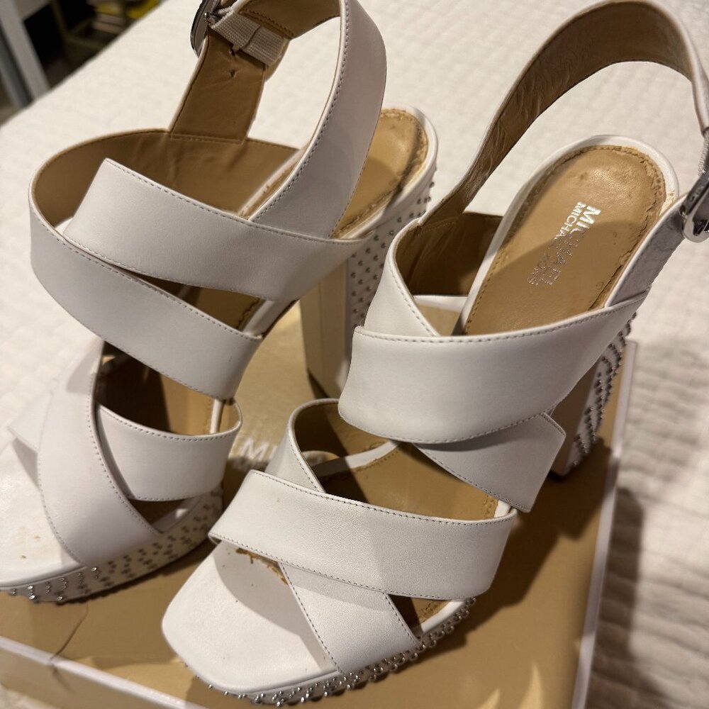 Michael Kors White Platform Block Heel Sandals with Studded Details Statement He